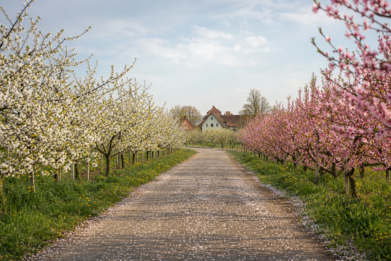 Apfel- und Kirschgärten entlang einer ländlichen Straße