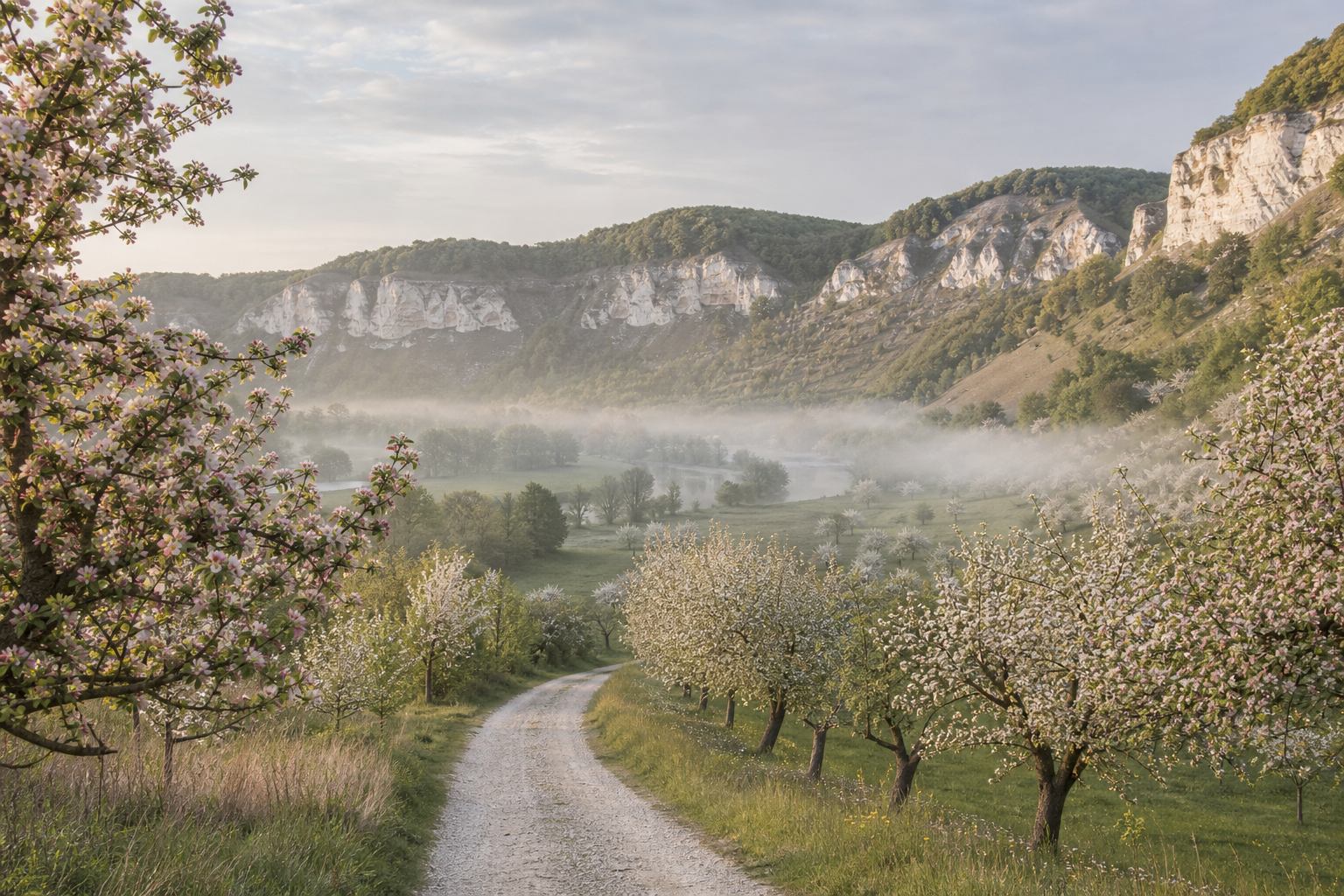 Blühende Obstgärten und eine helle Straße zwischen sanften Hügeln in Deutschland