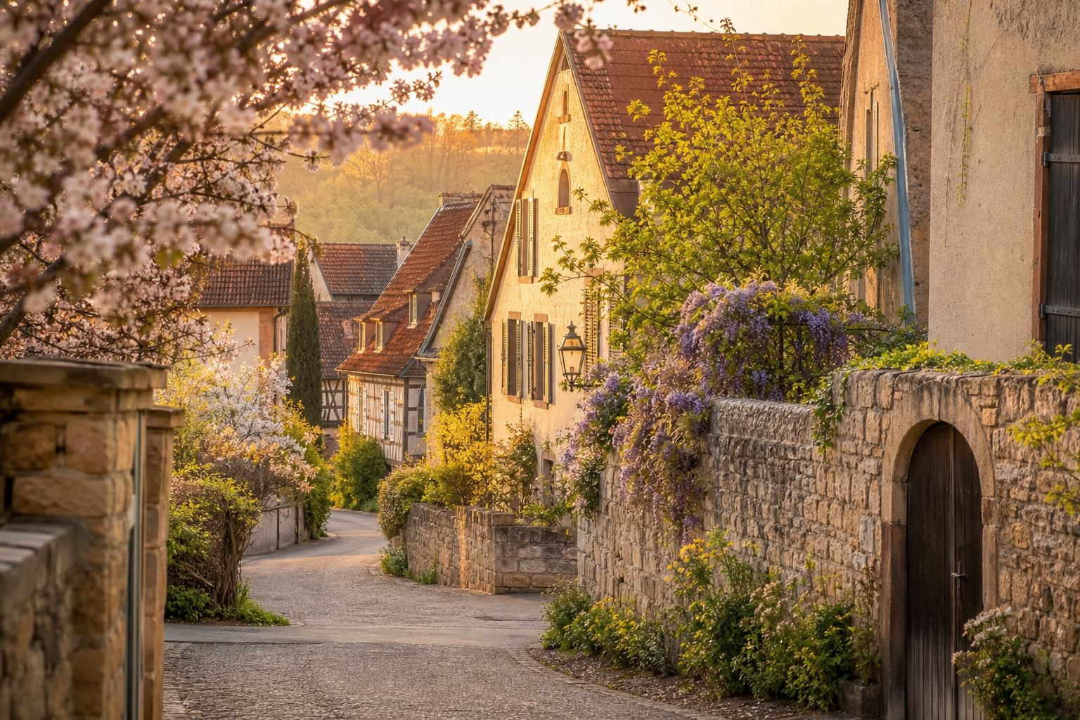 Frühlingslicht über einer Dorfstraße zwischen Gärten