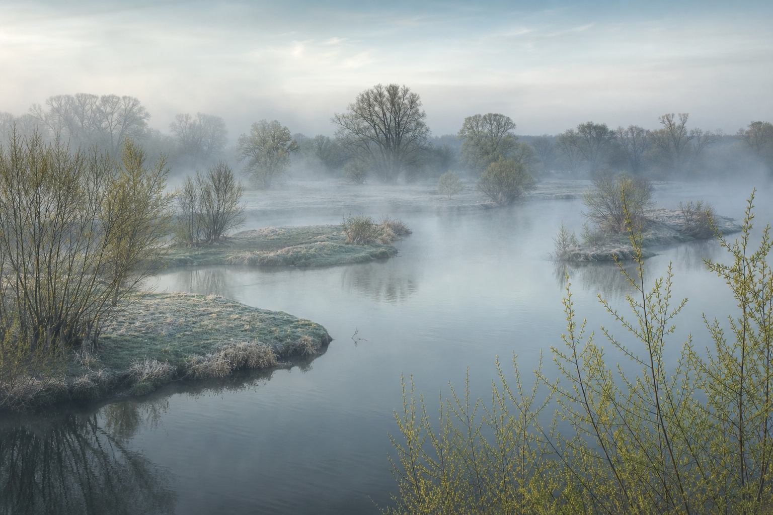 Ruhiges Flusstal mit silbrigem Morgennebel